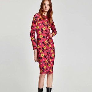 Zara Pink Floral Midi Dress with Yellow & Black Accents